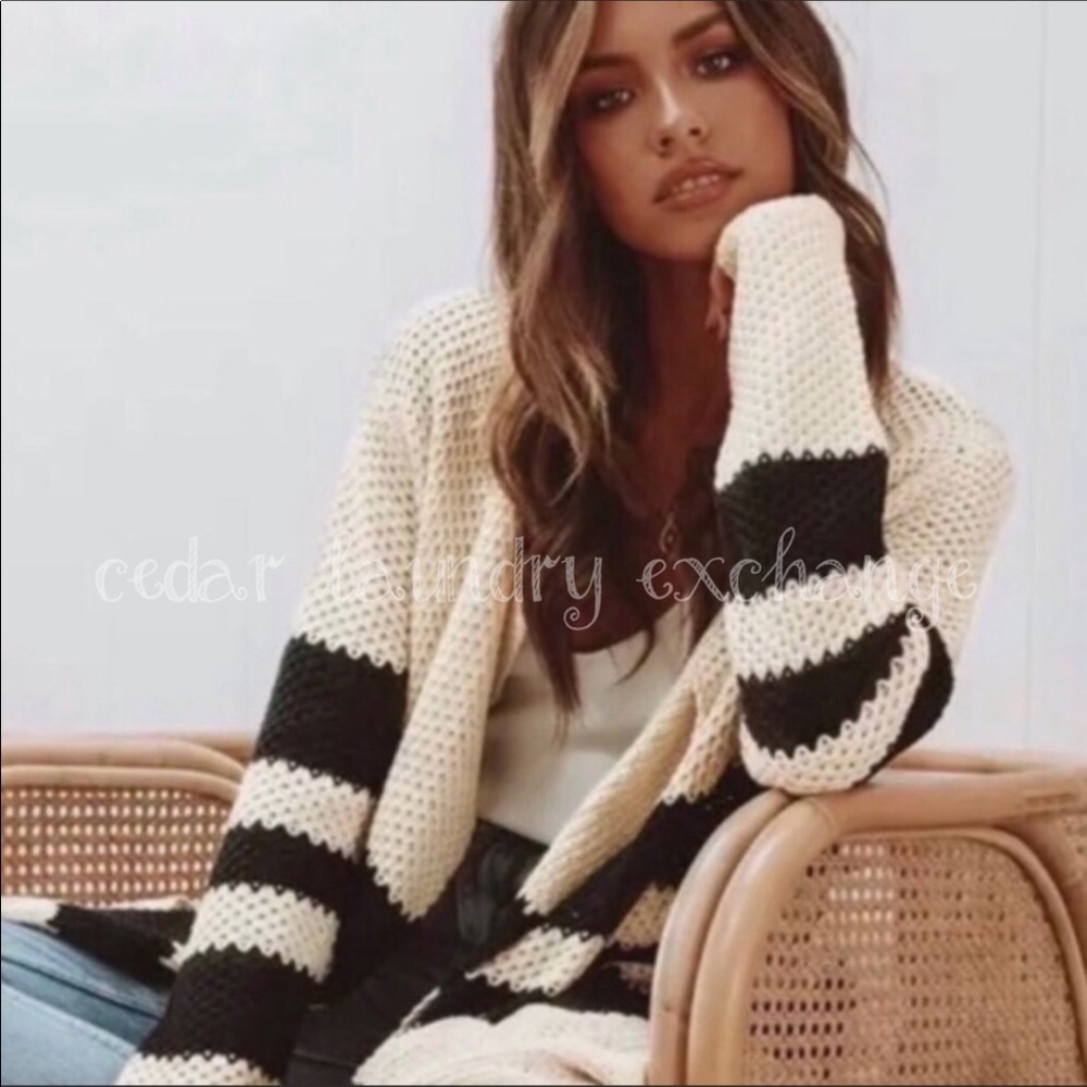 Ivory & Black Stripe Long Cardigan